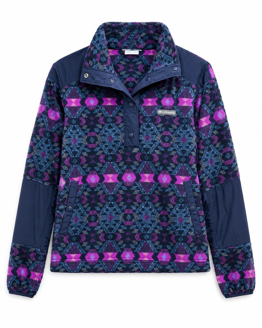 Columbia Women’s Medium Printed Fleece Pullover Snap Neck Geometric Purple Blue